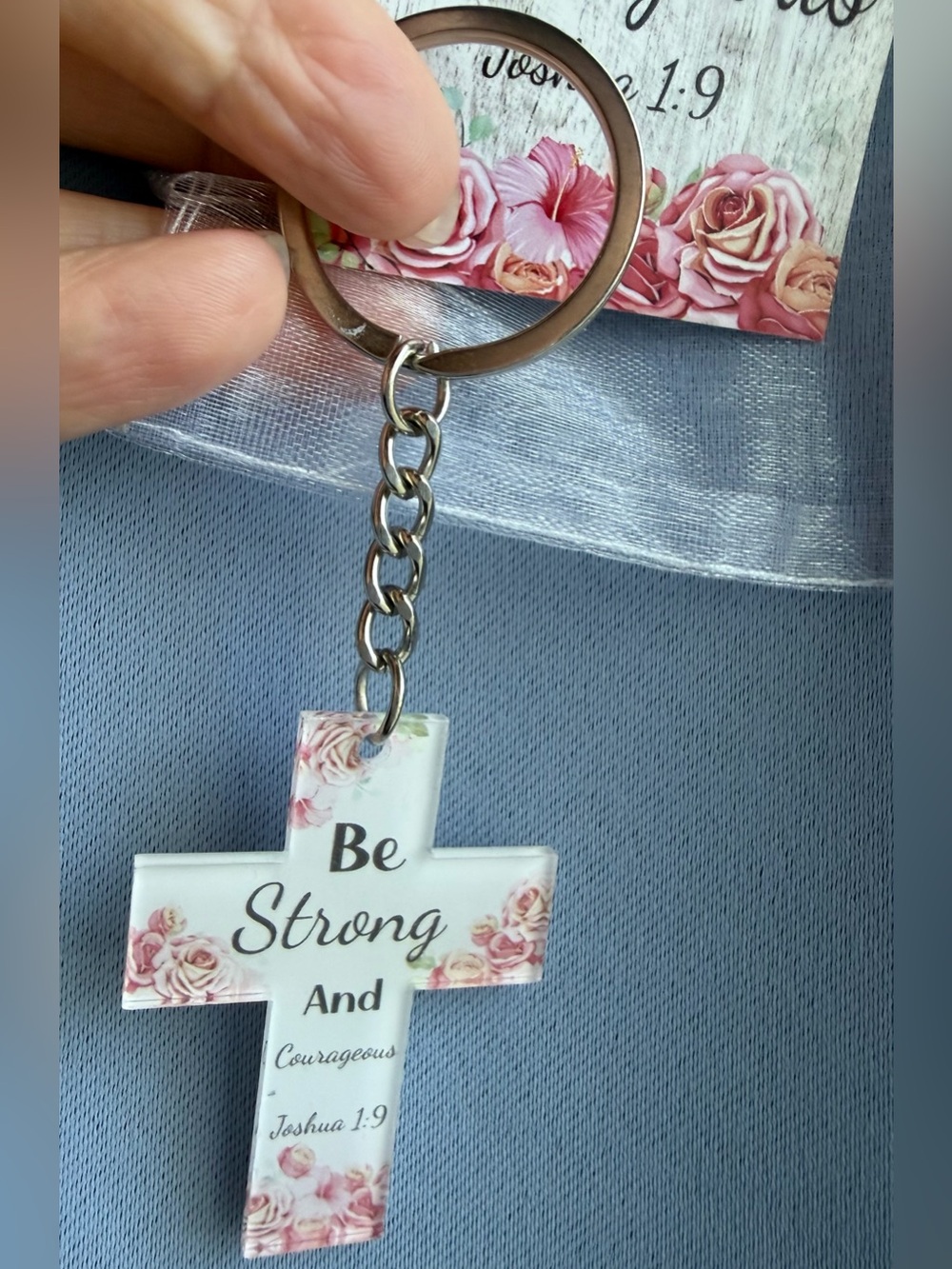 Be Strong And Courageous Floral Cross Keychain - White and Pink